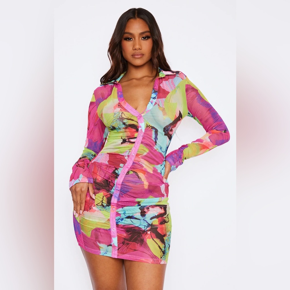 PLT Multi Abstract Print Mesh Asymmetric Ruched Shirt Dress US 8